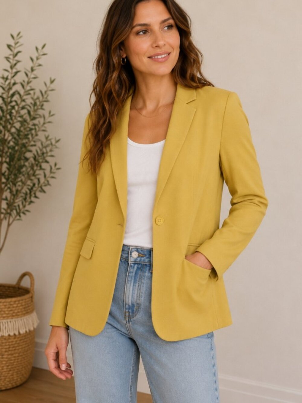 Magaschoni women's S mustard yellow rayon spandex one button blazer EUC